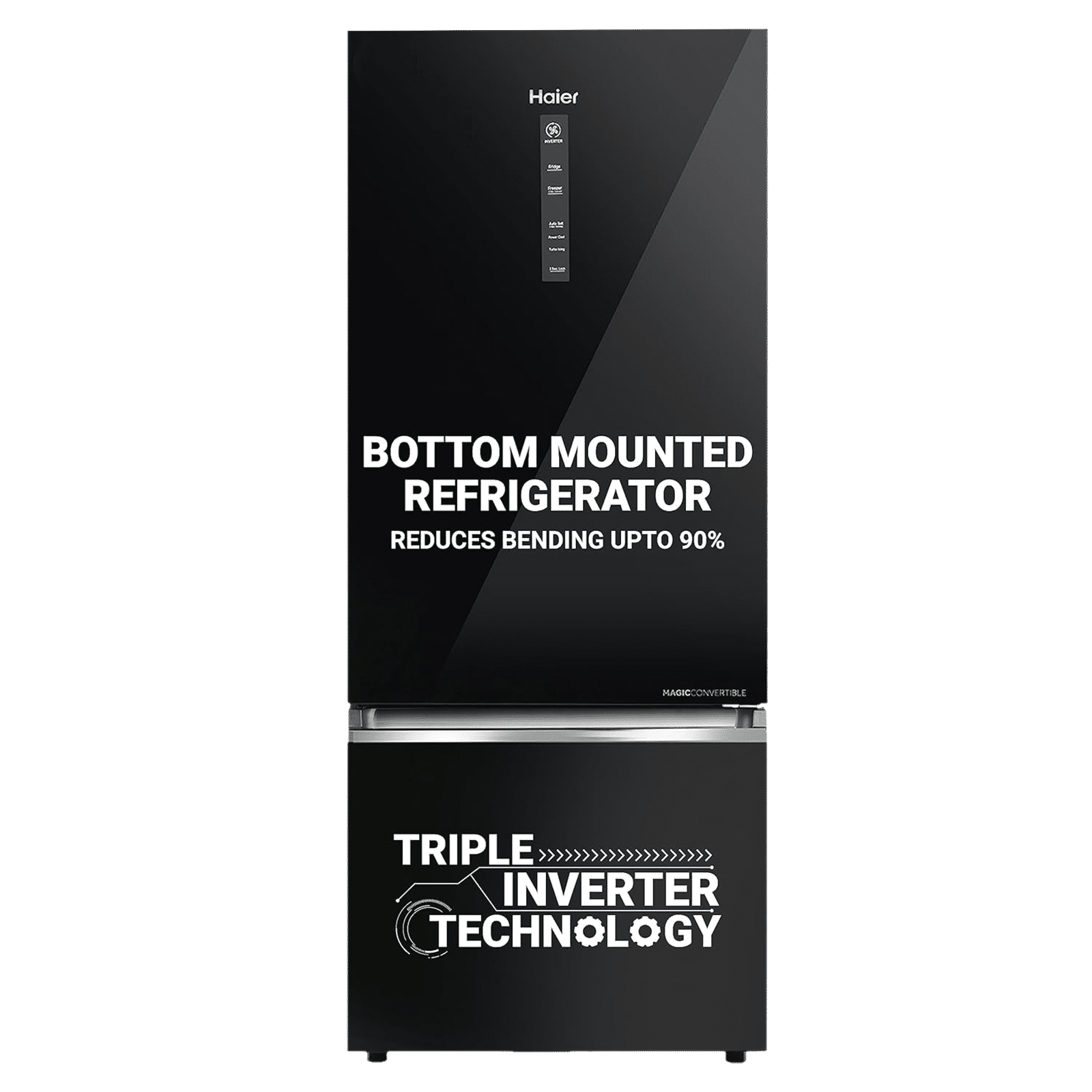 Haier 445 Litres 2 Star Frost Free Double Door Bottom Mount Convertible Refrigerator with Triple Inverter Technology (HRB-4952CKG-P, Black Glass)