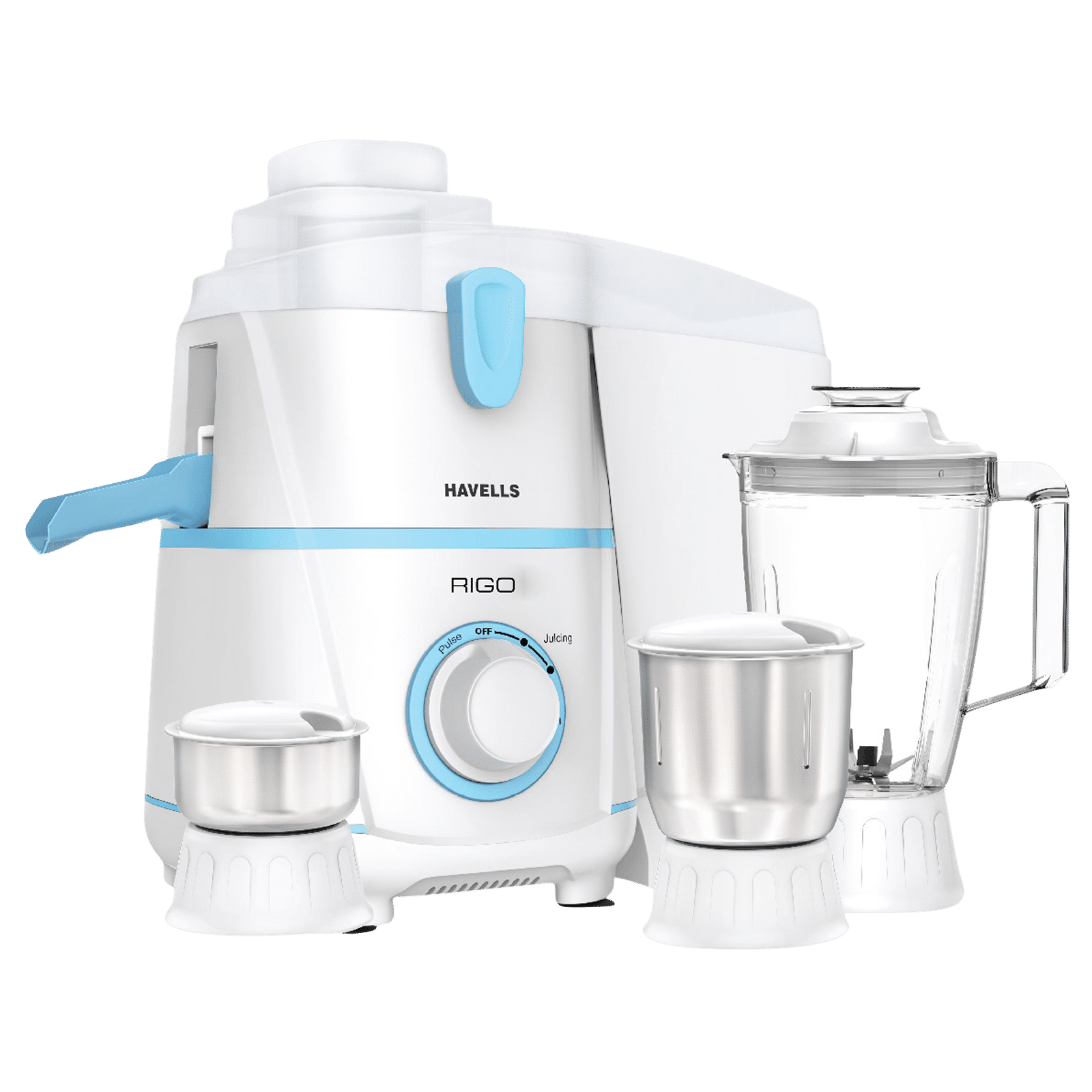 HAVELLS Rigo 500 Watt 3 Jars Juicer Mixer Grinder (Stainless Steel Blade, White Blue)