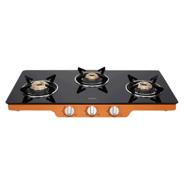 Elica Patio ICT DT773ORG Glass Top 3 Burner Automatic Gas Stove (Round Enamelled Grid, Black/Orange)_1