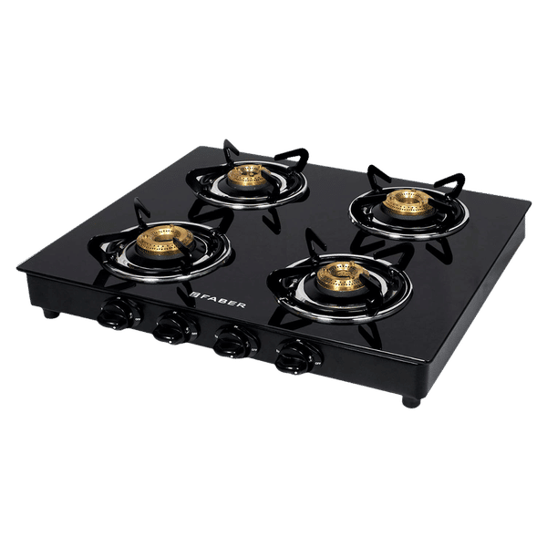 Faber Power 4BB BK Toughened Glass Top 4 Burner Manual Gas Stove (Powder Coating Round Pan Support, Black)_1