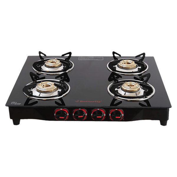 Butterfly Wave Toughened Glass Top 4 Burner Manual Gas Stove (Rust Free Pan Stand, Black)_1