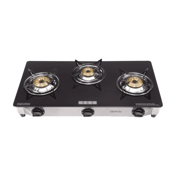 USHA Ebony Neo GS3003 Toughened Glass Top 3 Burner Manual Gas Stove (Powder Coated Pan Support, Black)_1