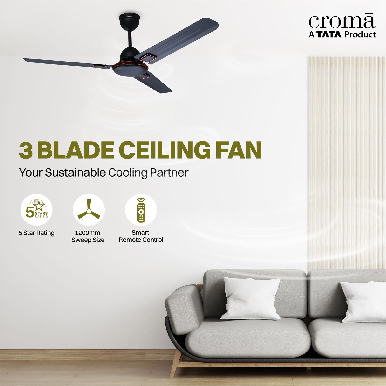 Buy Croma AF2093 5 Star 1200mm 3 Blade BLDC Motor Ceiling Fan with ...