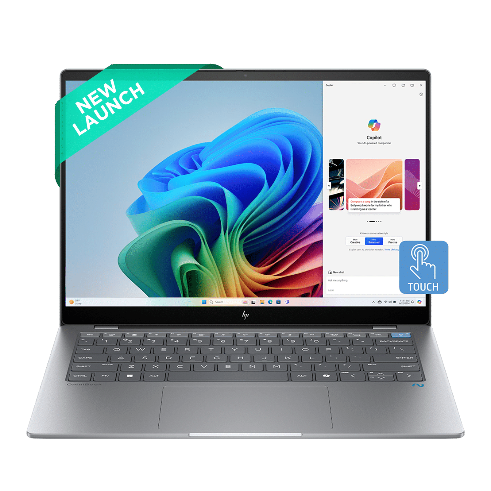 HP OmniBook X 14-fe0121QU Qualcomm Snapdragon X Elite Touchscreen Thin & Light Laptop (16GB, 1TB SSD, Next-Gen Windows, 14 inch 2.2K IPS Display, MS Office 2021, Meteor Silver, 1.34 KG)