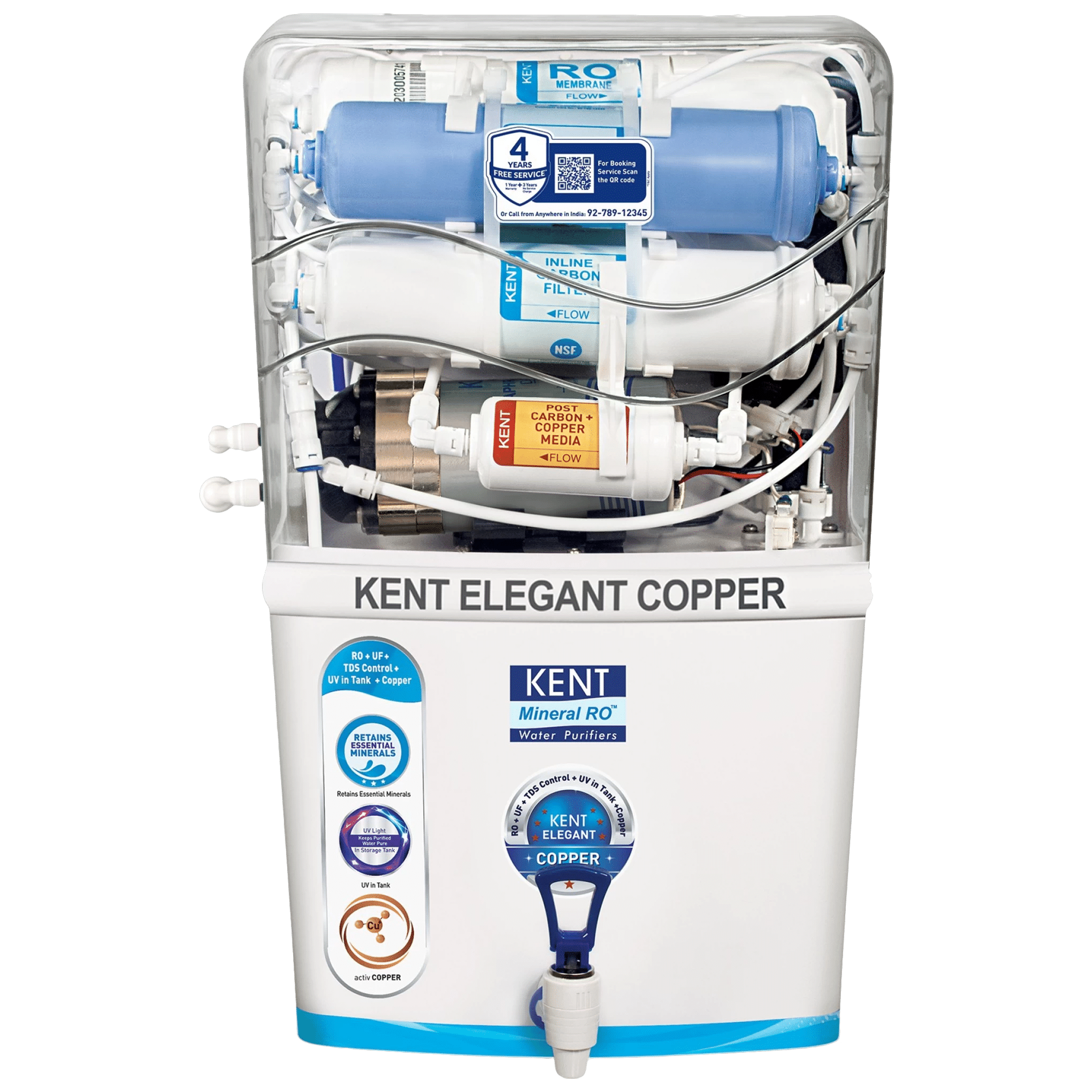 KENT Elegant Copper 8L RO + UF + UV-in-tank + TDS + Copper Water Purifier with Overflow Protection (White)