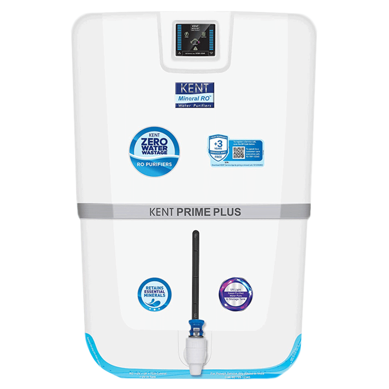 KENT Prime Plus 9L RO + UV + UF + UV-in-tank + TDS Water Purifier with Digital Purity Display and Zero Water Wastage (White)