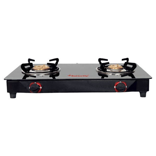Butterfly Wave Toughened Glass Top 2 Burner Manual Gas Stove (Rust Free Pan Stand, Black)_1