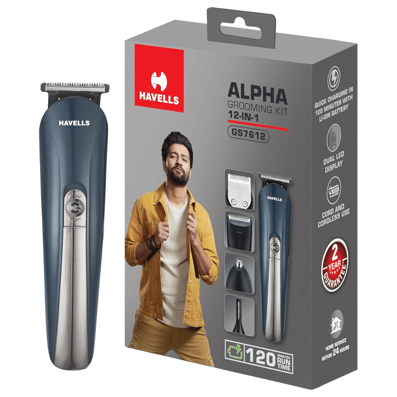 HAVELLS Alpha 12-in-1 Rechargeable Cordless Dry Trimmer for Beard, Body & Hair with 8 Length Settings for Men (120mins Runtime, Fast Charging, Blue)