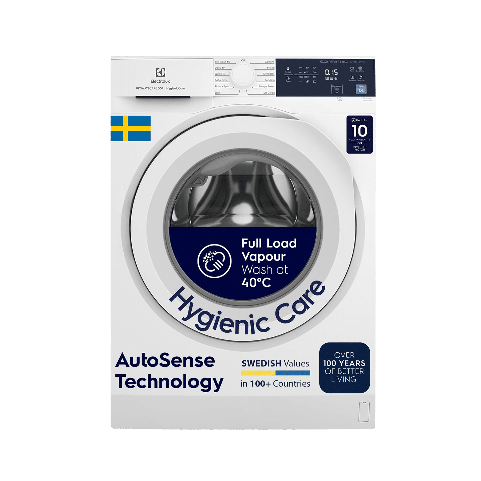 Electrolux 8 kg 5 Star Inverter Fully Automatic Front Load Washing Machine (UltimateCare 300, EWF8024D3WB, HygienicCare, White)