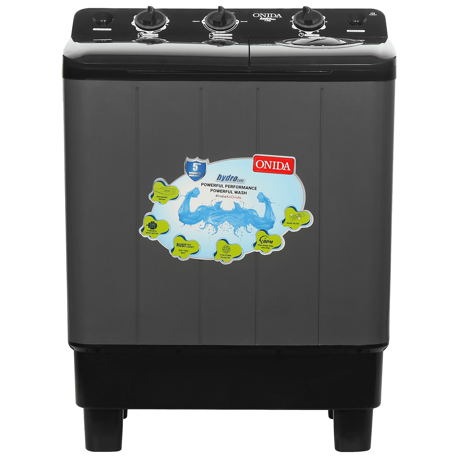 ONIDA 7 kg Semi-Automatic Top Load Washing Machine (S70GR, 5 Spin Storm Pulsator, Black & Grey)