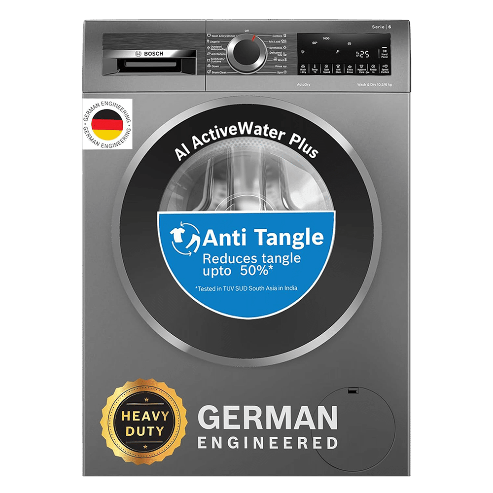 BOSCH 10.5/6 kg 5 Star Fully Automatic Front Load Washer Dryer(Series 6, WNA2E4U1IN, In-built Heater, Grey)