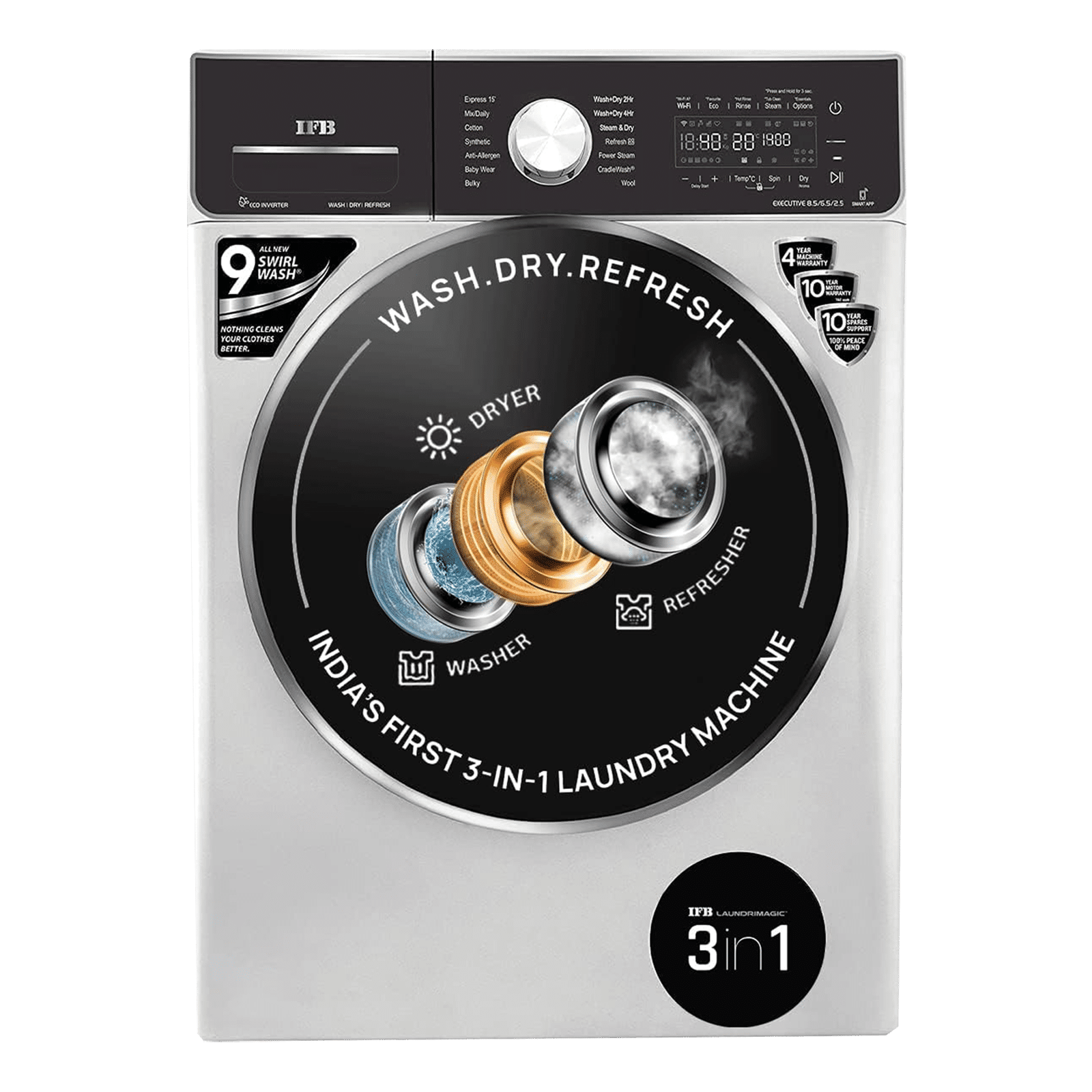 IFB 8.5/6.5 kg 5 Star Inverter Fully Automatic Front Load Washer Dryer (Executive ZXS, Power Steam Wash, Silver)