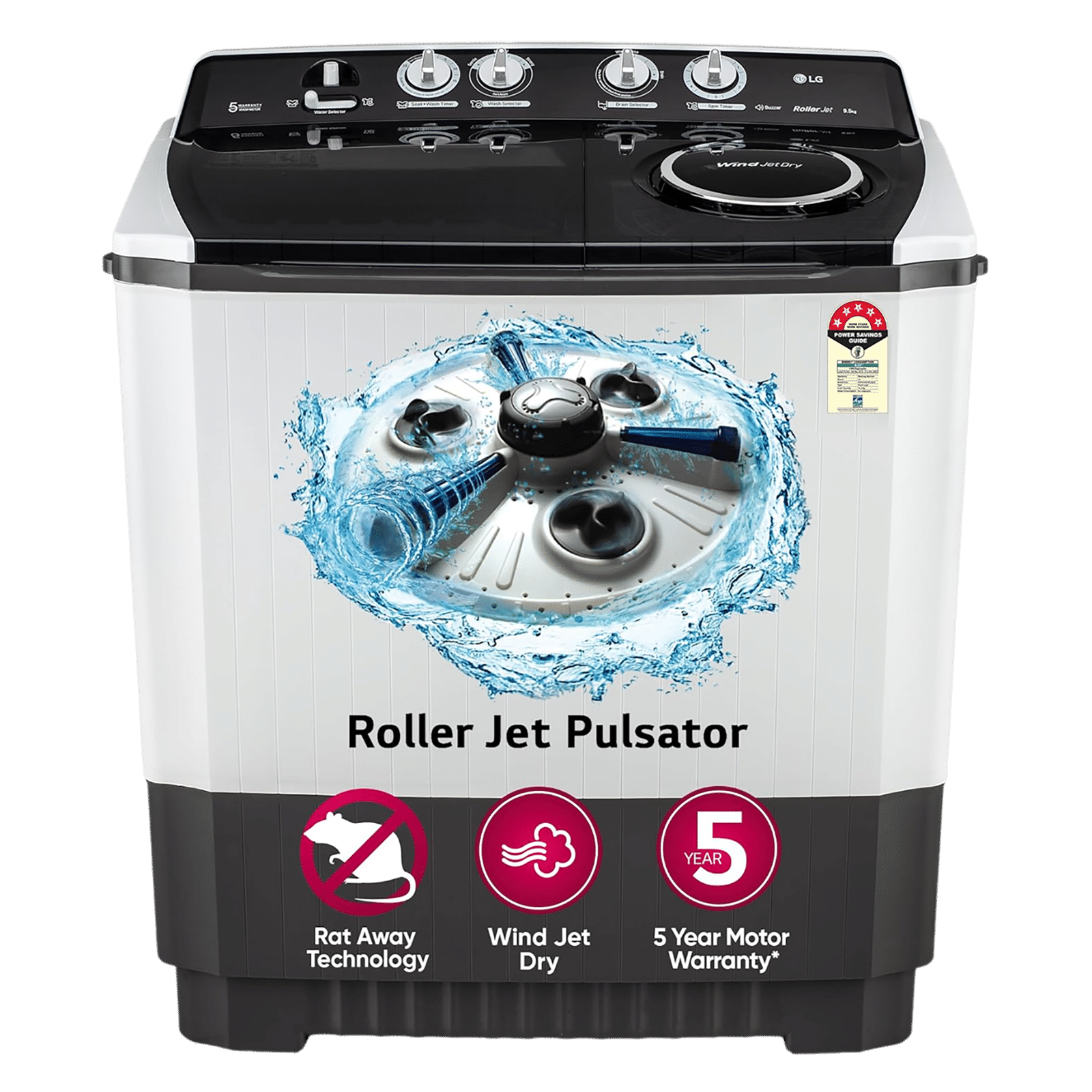 LG 9.5 kg 5 Star Semi Automatic Washing Machine with Roller Jet Pulsator (P955ASGAZ.ADGQEIL, Dark Grey)