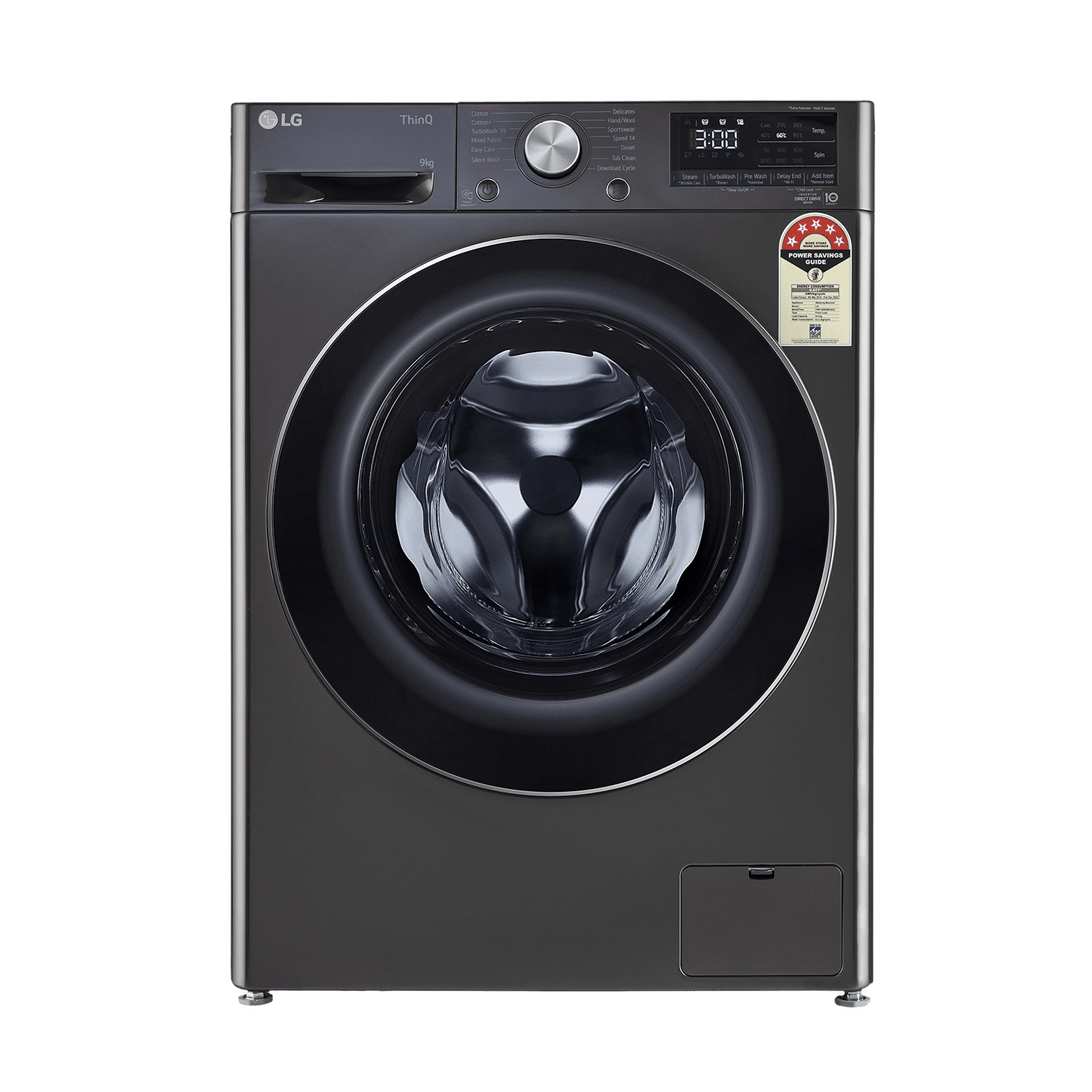 LG 9 Kg 5 Star Inverter Fully Automatic Front Load Washing Machine (FHP1209Z9B.ABLQEIL, In-built Heater, Steam Plus, Black)