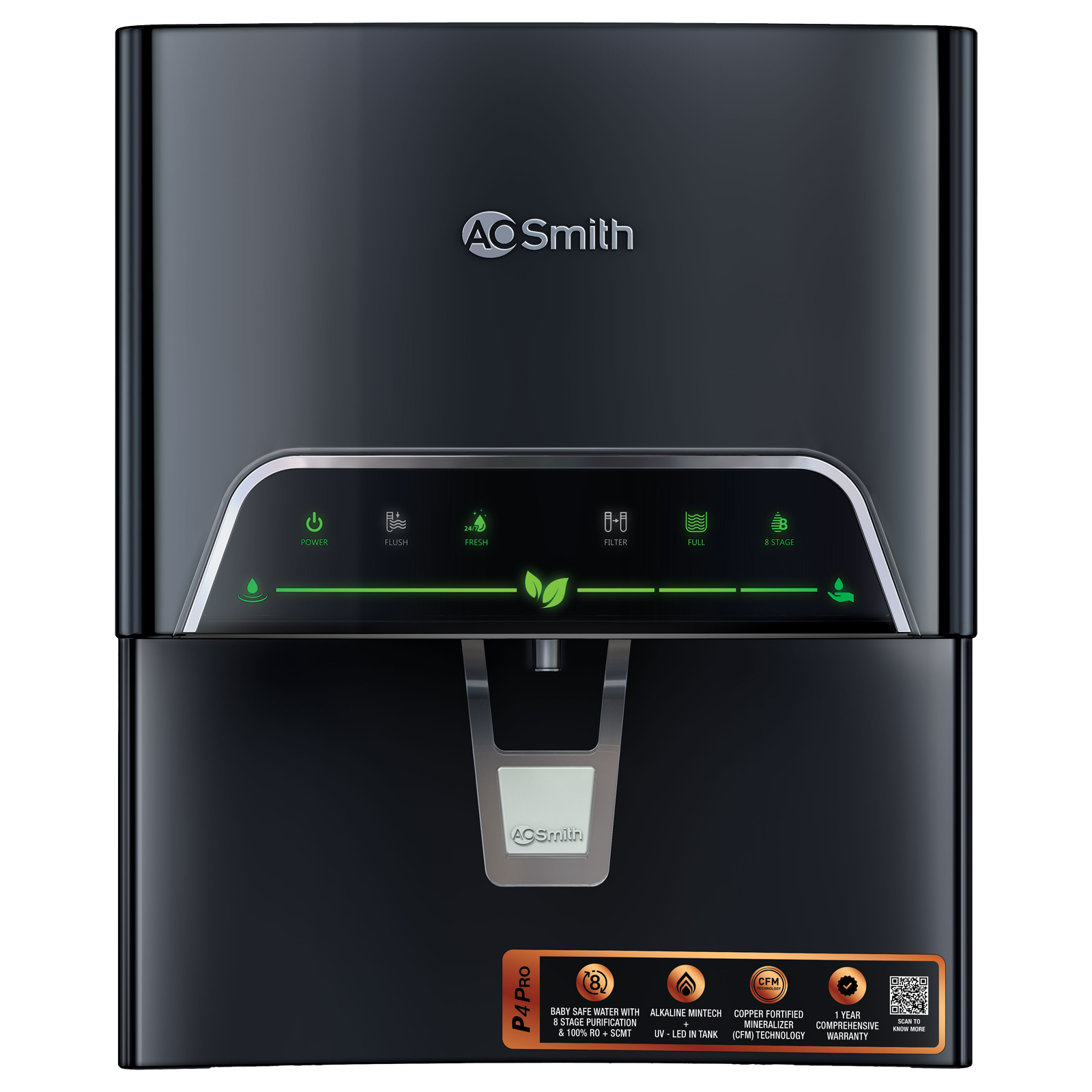 A O Smith AO Smith ProPlanet P4 Pro 5L RO + SCMT Water Purifier with Copper Guard (Black)