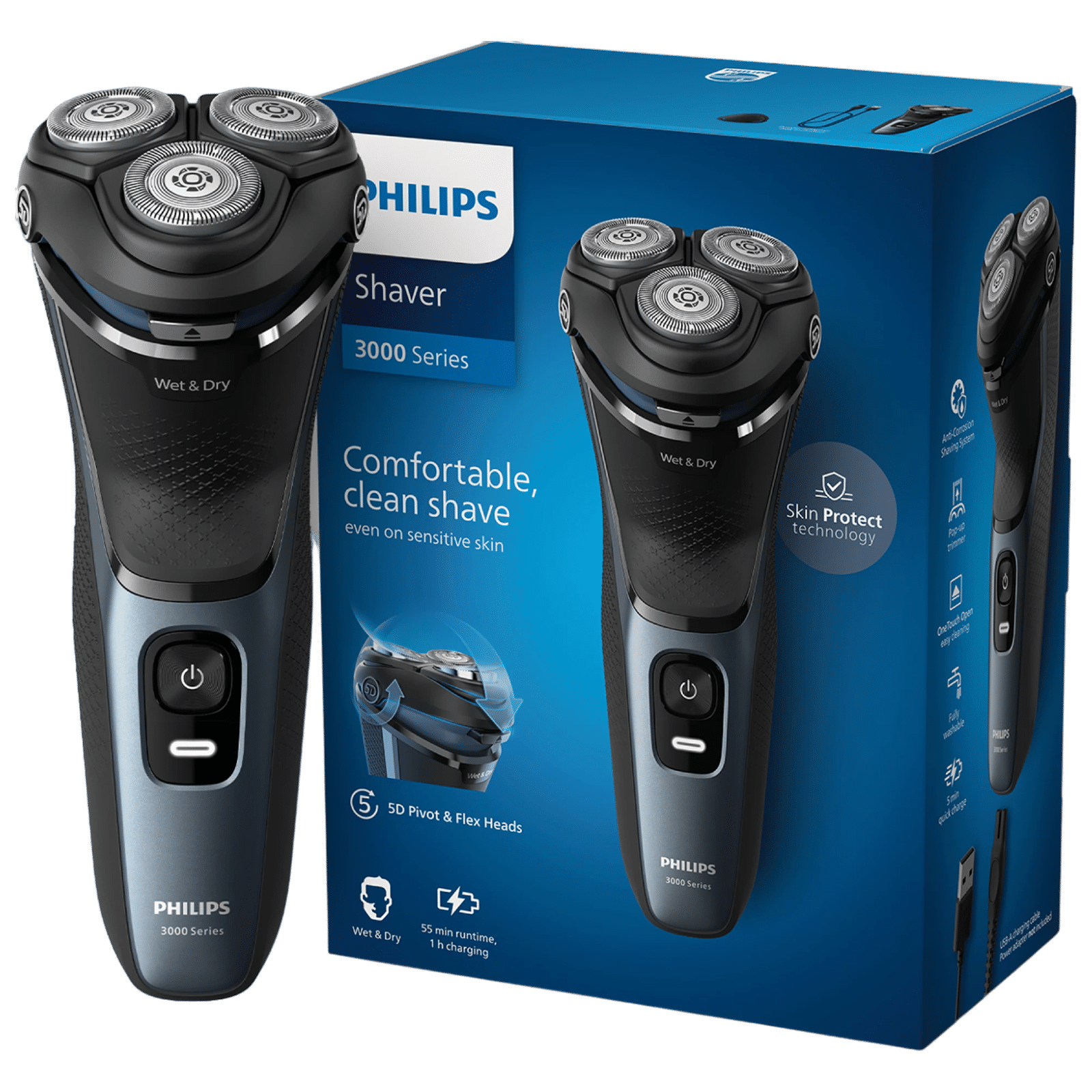 PHILIPS 3000 Series Rechargeable Cordless Shaver for Face for Men (60min Runtime, Skin Protect Technology, Black Silver)