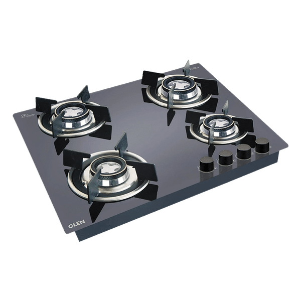 Glen 1064 RO HT DB Toughened Glass Top 4 Burner Automatic Hob (Vitreous Enamelled Pan Support, Black)_1