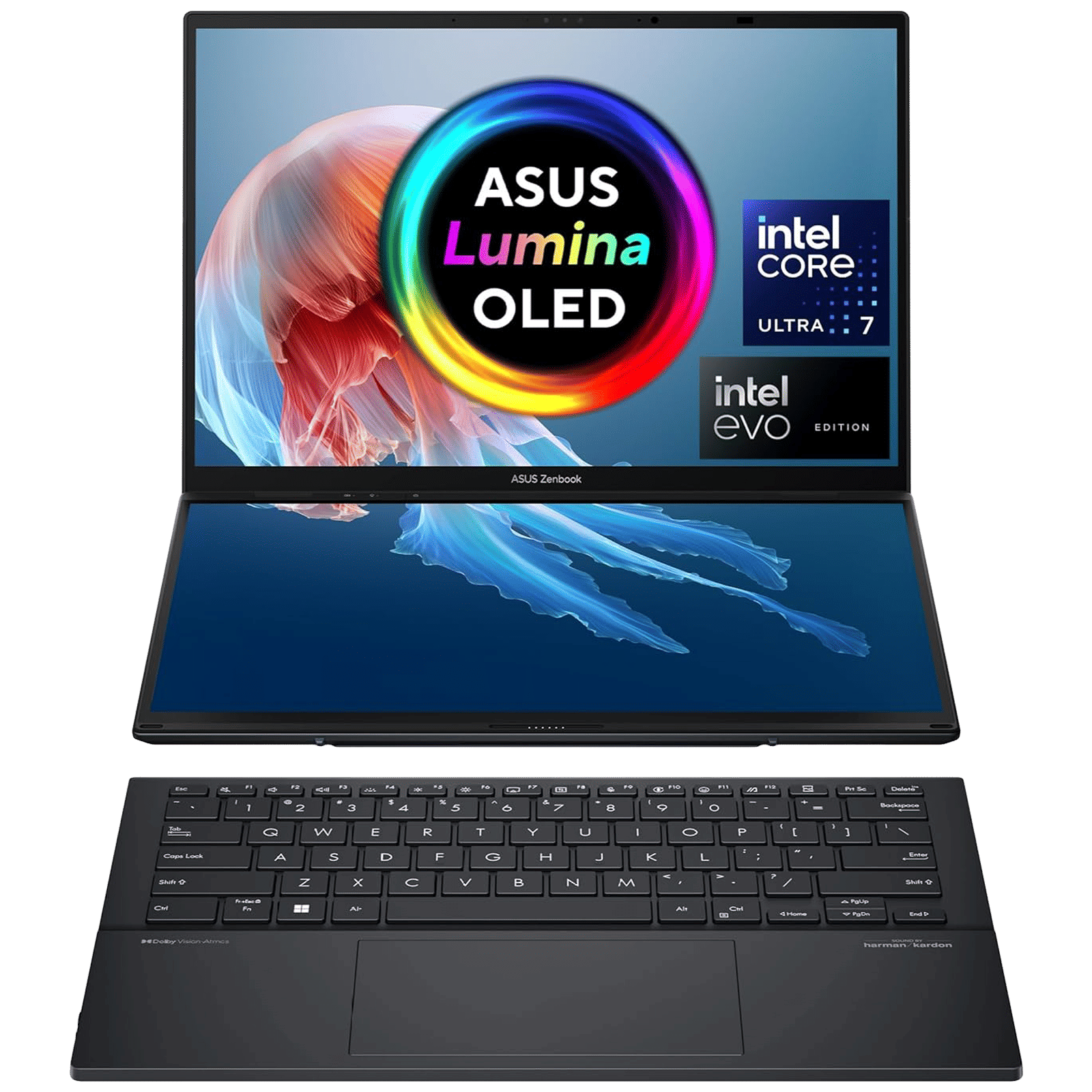 ASUS Zenbook Duo Intel Core Ultra 7 Touchscreen Thin & Light Laptop (32GB, 1TB SSD, Windows 11, MS Office, 14 inch Full HD OLED Display MS Office 2021, Inkwell Gray, 1.65 KG)