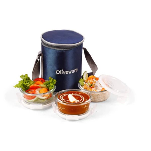 Oliveware 320ml Glass Container Tiffin with Lid (Set of 3, BPA Free, Transparent)_1