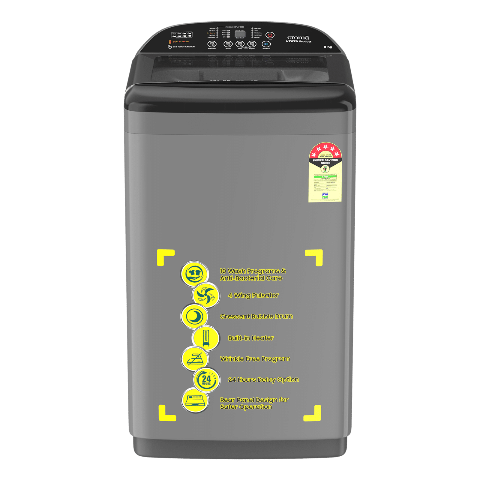 Croma 8 kg 5 Star Fully Automatic Top Load Washing Machine (CRLW080FAF202302, Pulsator Wash Technology, Inox Grey)