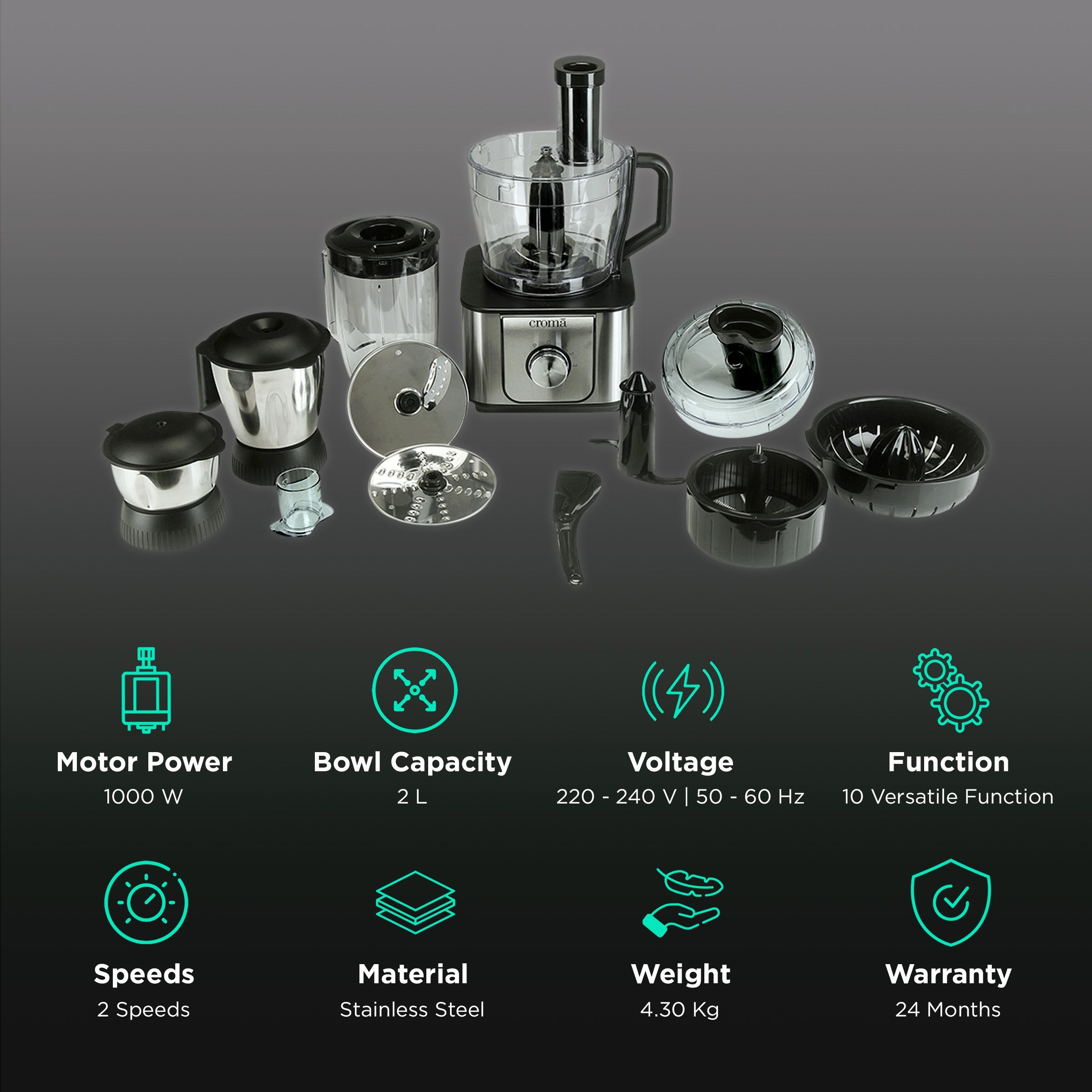 Croma 1000 Watt Food Processor with 2 Blades (Silver/Black)_2
