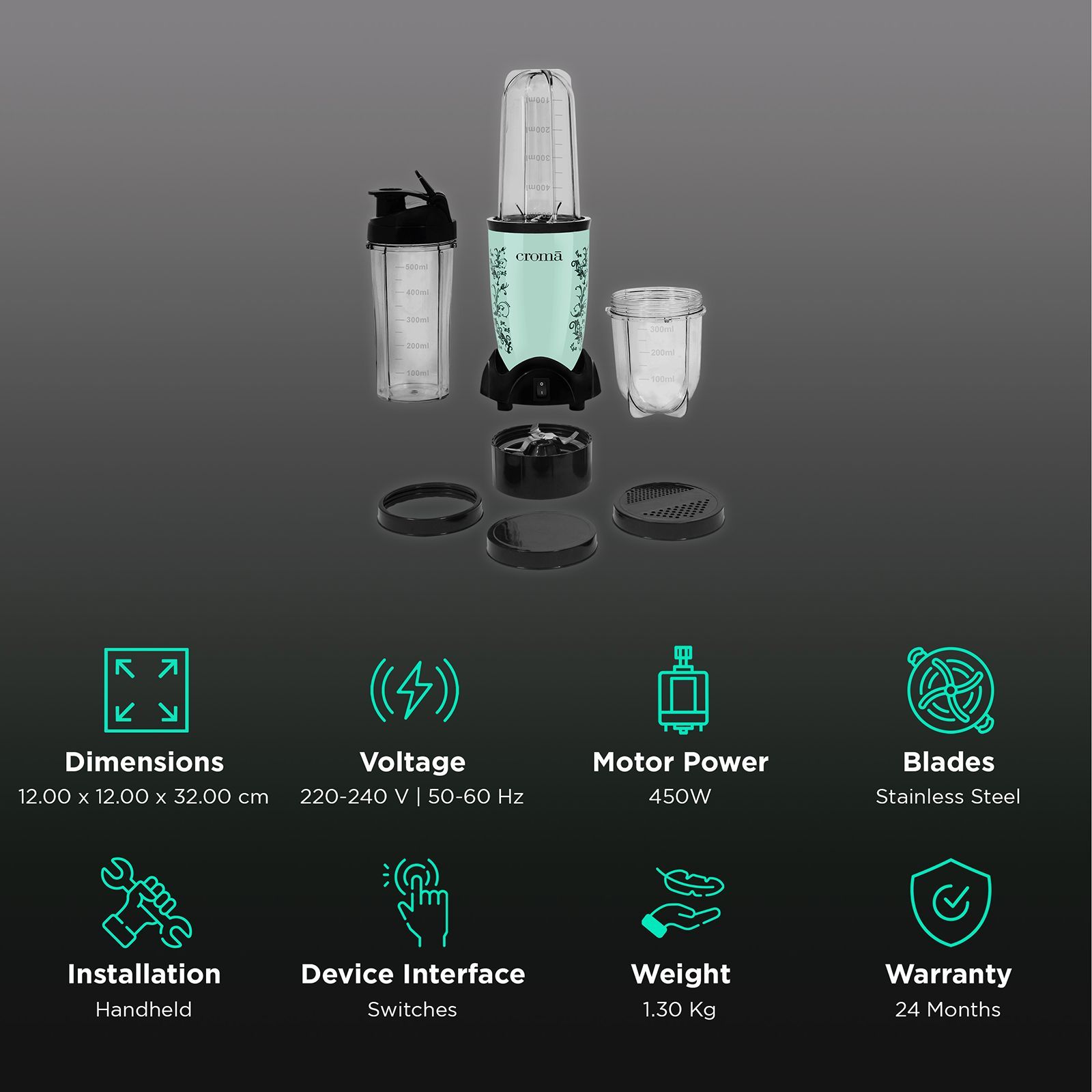 Croma Personal 450 Watt 3 Jars Blender (3 Speed Control, Teal Green) Croma Personal 450 Watt 3 Jars Blender (3 Speed Control, Teal Green)_2