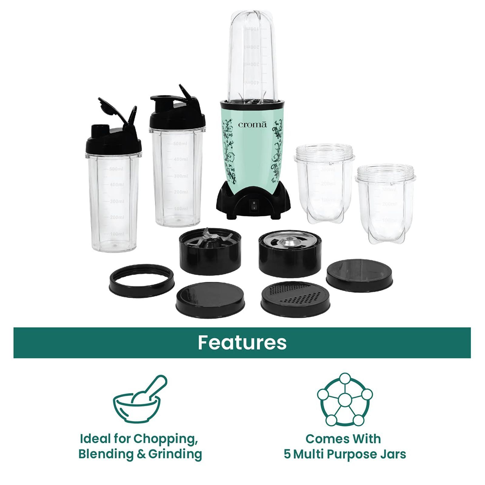 Croma Personal 450 Watt 5 Jars Blender (21500 RPM, Overload Protection, Teal Green)_10