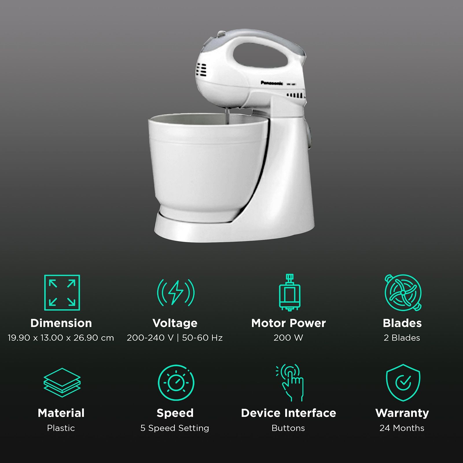 Panasonic 200 Watts Stand Mixer (2 Attachments, 5 Speed Selection, MK-GB1, White)_2