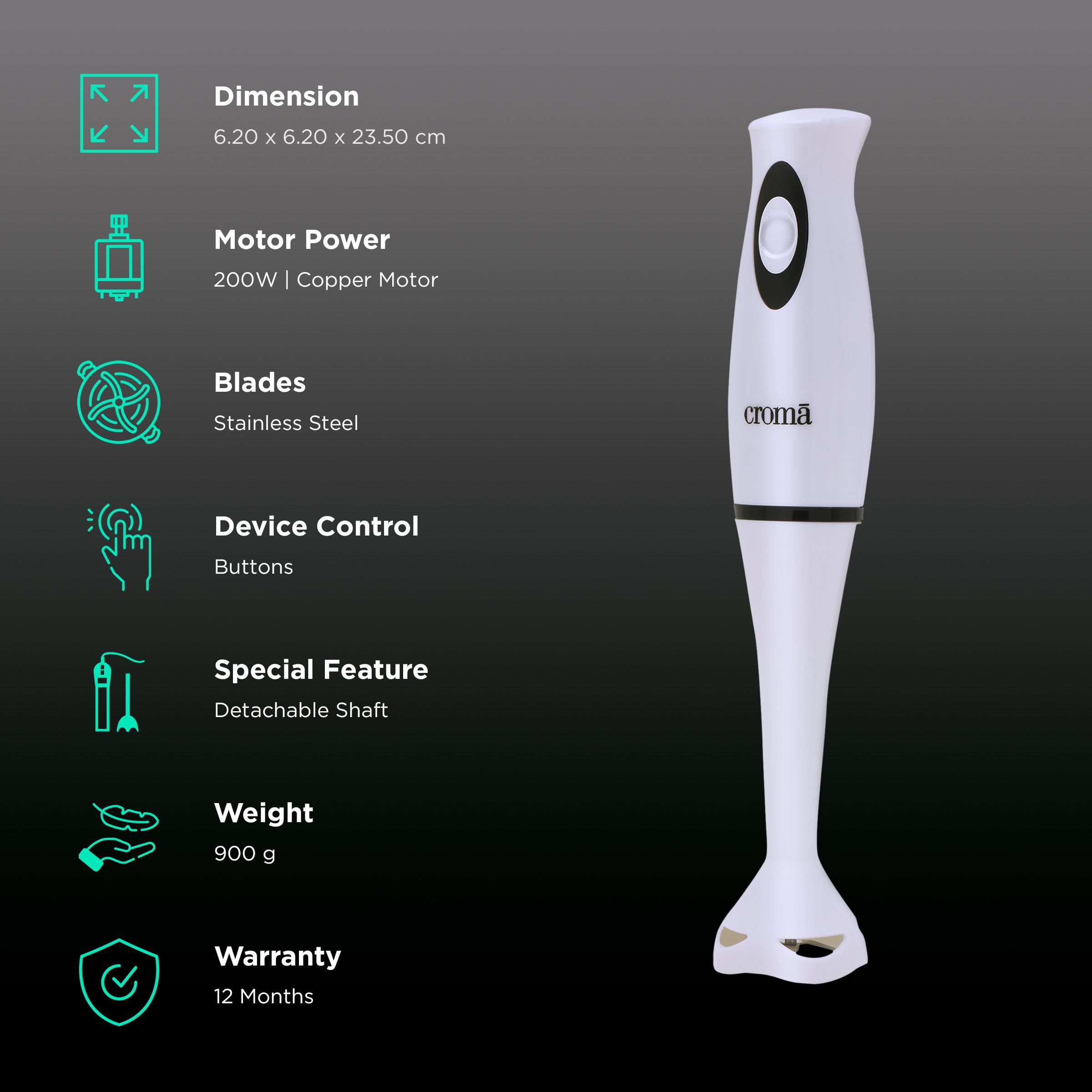 Croma 200 Watt Hand Blender (Thermal Overload Protection, White)_2