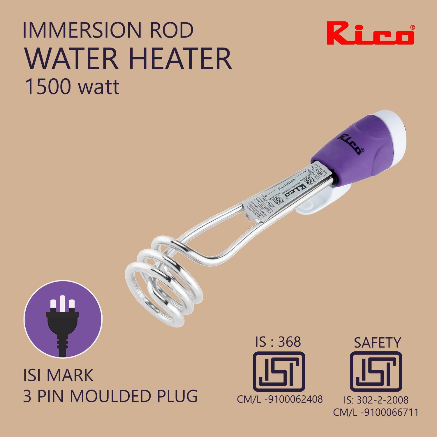 Rico 1500W Shockproof Immersion Rod with Quick Heat Technology (ISI Marked, Purple)_3