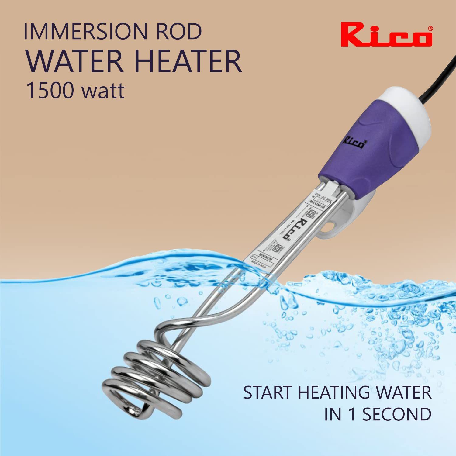 Rico 1500W Shockproof Immersion Rod with Quick Heat Technology (ISI Marked, Purple)_5