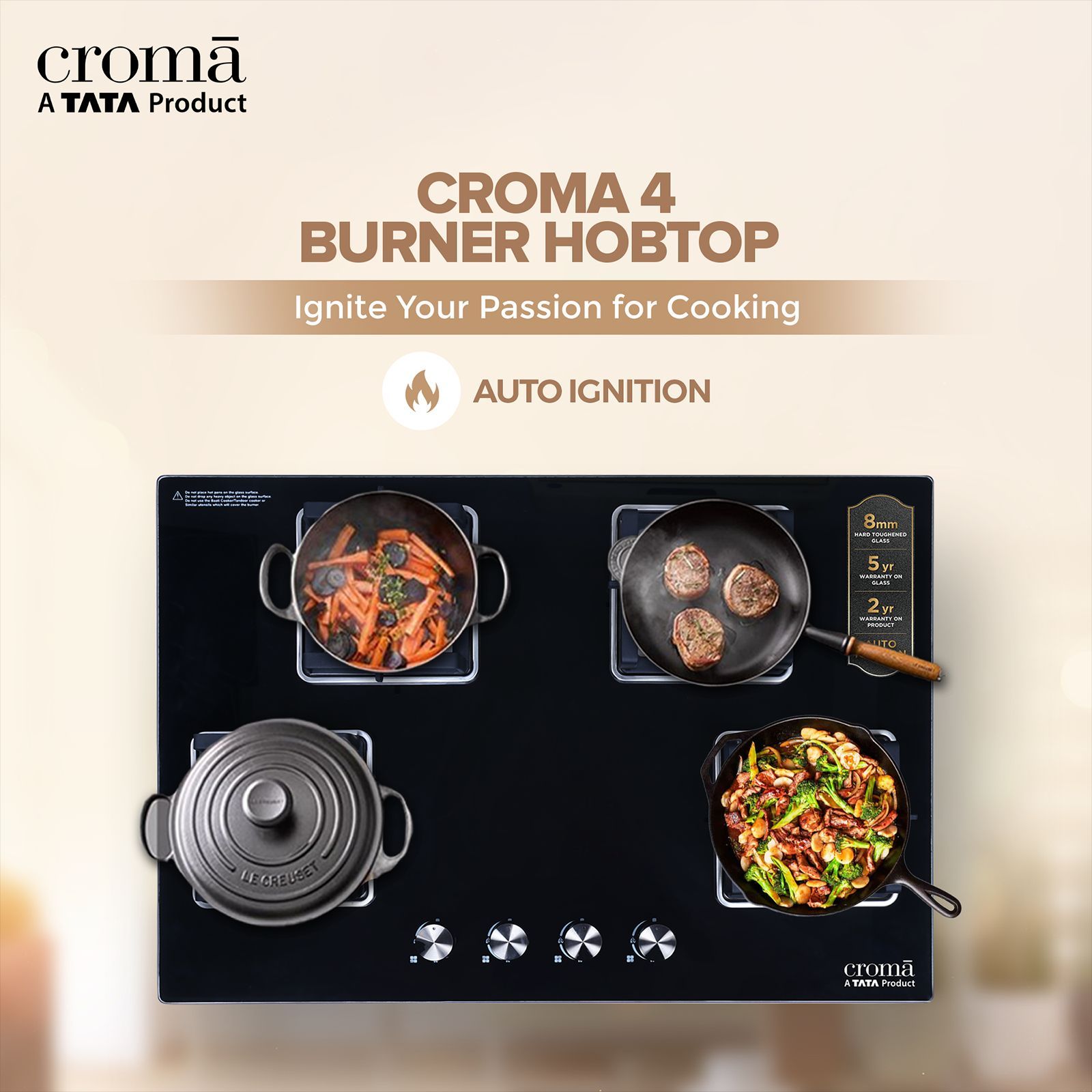 Croma Toughened Glass Top 4 Burner Automatic Hob (Double Drip Tray, Black) Croma Toughened Glass Top 4 Burner Automatic Hob (Double Drip Tray, Black)_9