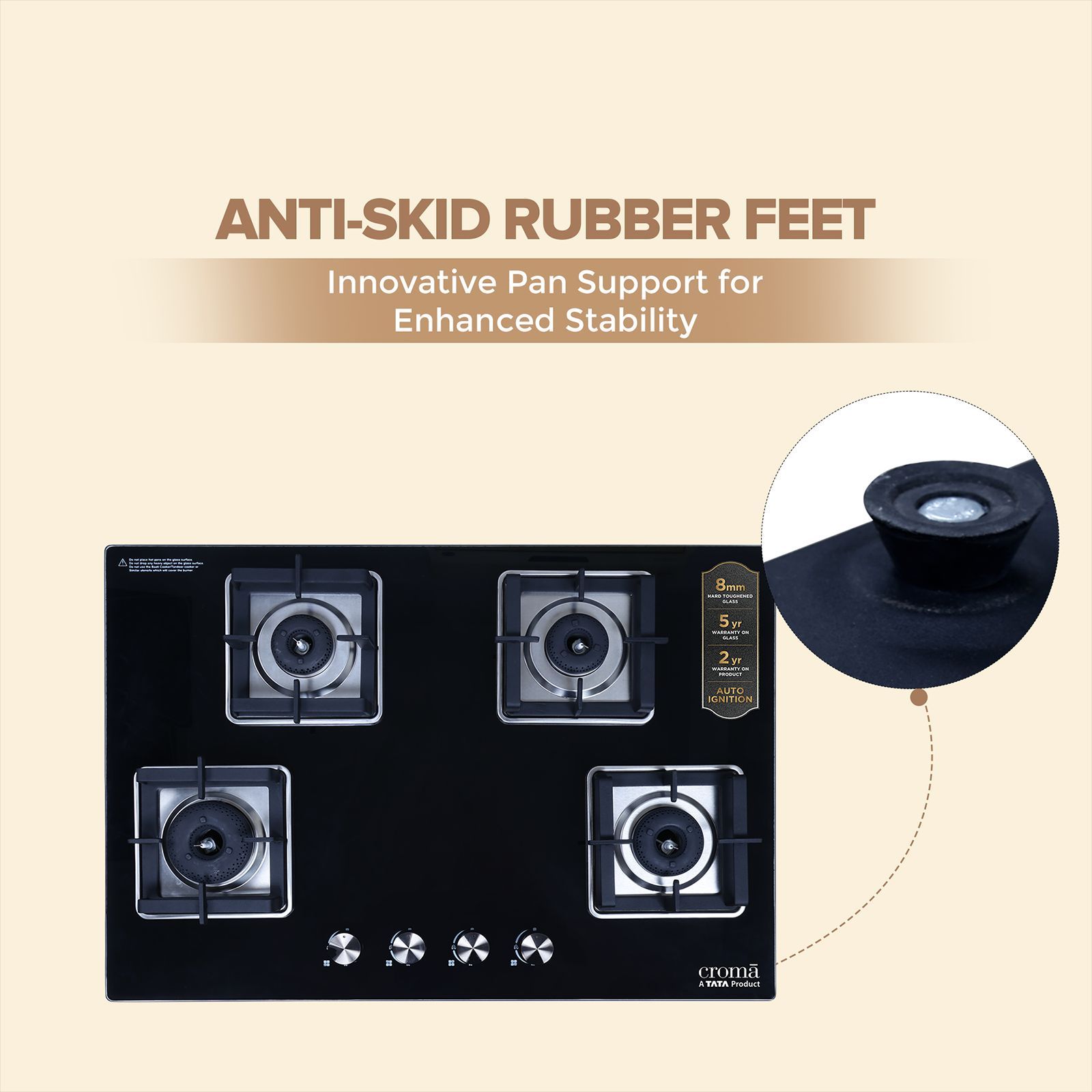 Croma Toughened Glass Top 4 Burner Automatic Hob (Double Drip Tray, Black) Croma Toughened Glass Top 4 Burner Automatic Hob (Double Drip Tray, Black)_12