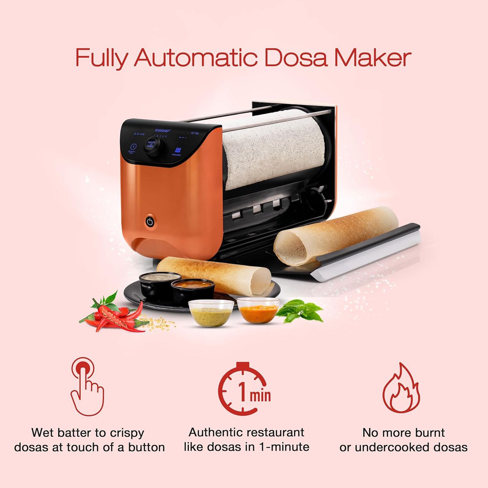 EVOCHEF EC Flip 1600W Dosa Maker with Touch Controls (Metallic Orange)_6