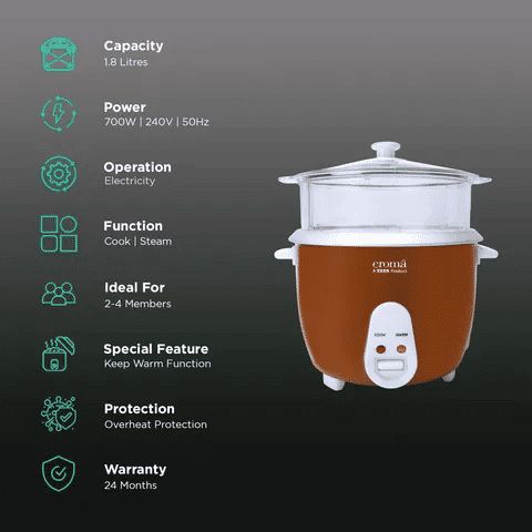 Croma 1.8 Litre Electric Rice Cooker & Steamer with Keep Warm Function (Brown) Croma 1.8 Litre Electric Rice Cooker & Steamer with Keep Warm Function (Brown)_3