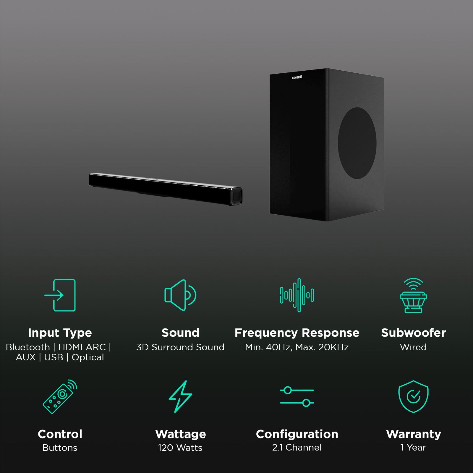 Croma 120W Soundbar with Remote (Preset EQ Modes, 2.1 Channel, Black)_2