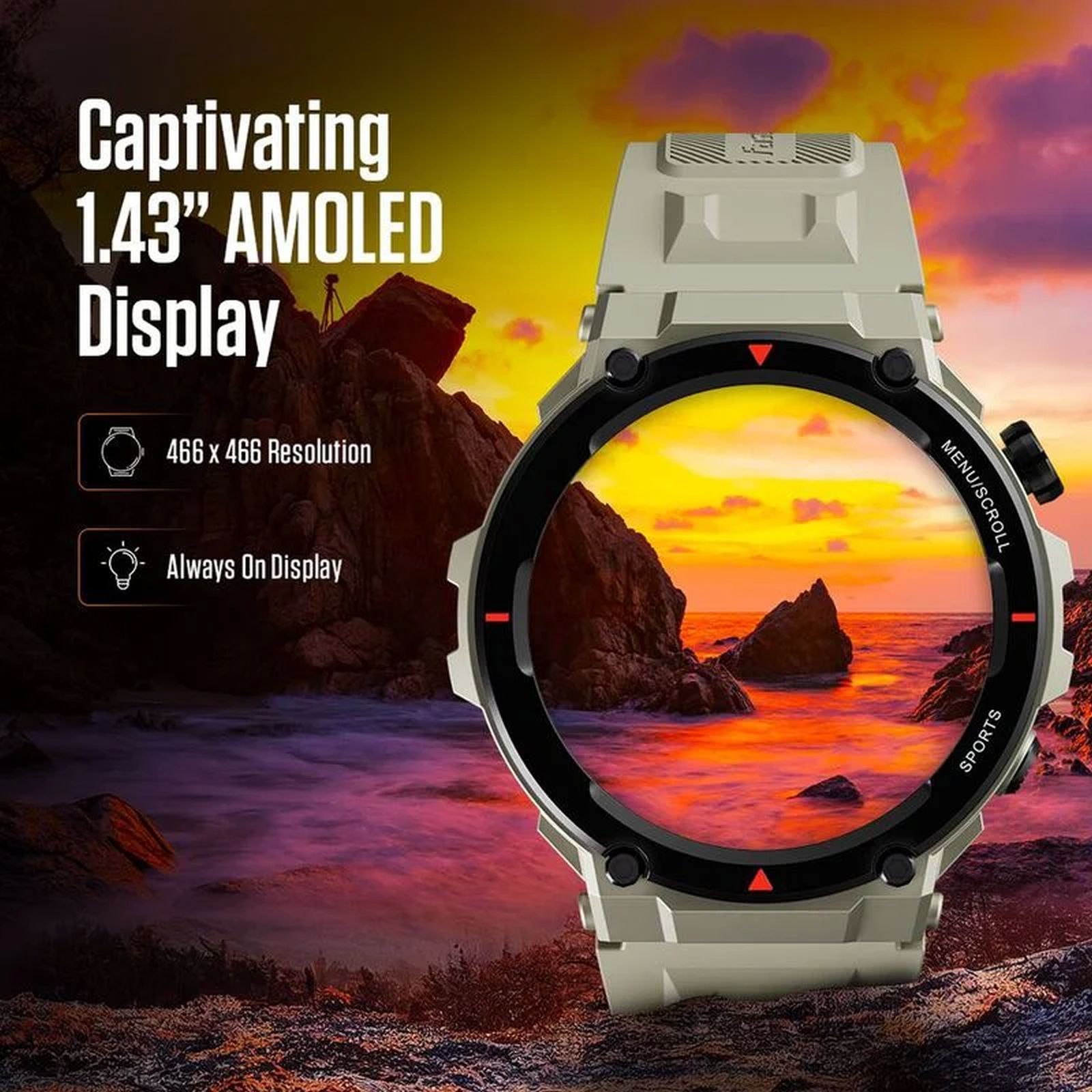 fastrack Xtreme Pro Smartwatch with Bluetooth Calling (36.3mm AMOLED Display, IP68 Water Resistant, Beige Strap)_3