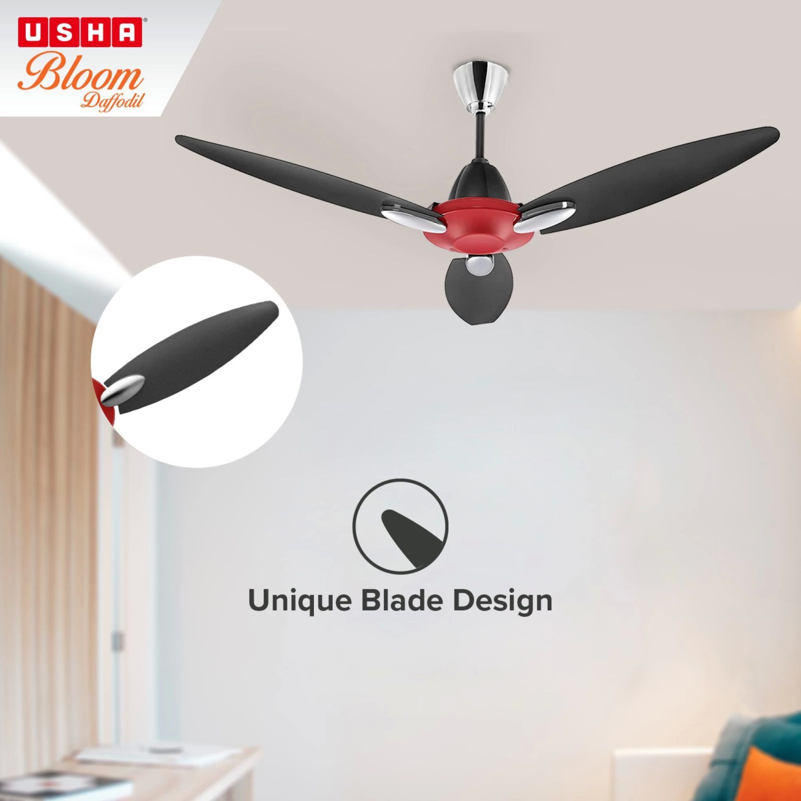 USHA Bloom Daffodil 1250mm 3 Blade Copper Motor Ceiling Fan (Noiseless Operation, Sparkle Red & Black)_7