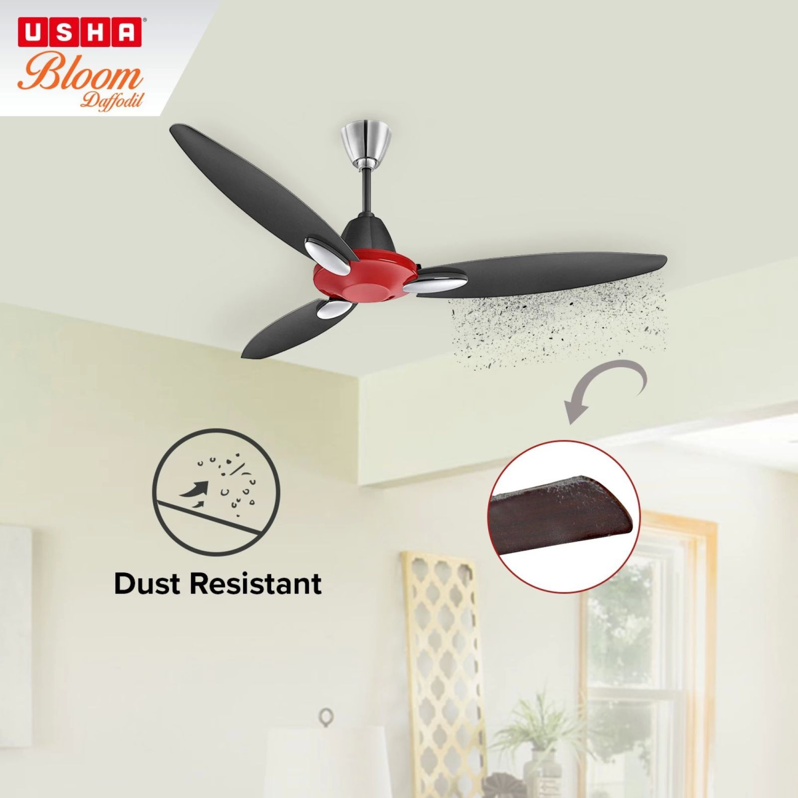 USHA Bloom Daffodil 1250mm 3 Blade Copper Motor Ceiling Fan (Noiseless Operation, Sparkle Red & Black)_5