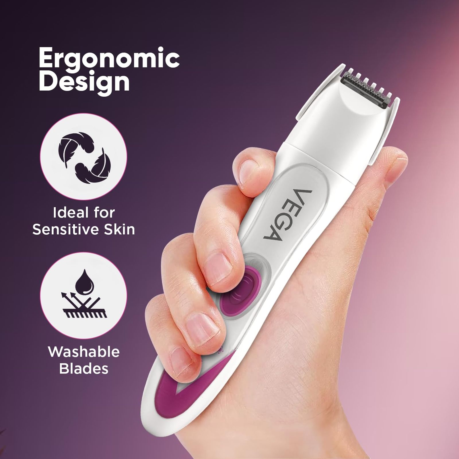 VEGA Feather Touch Rechargeable Cordless 4-in-1 Dry Trimmer for Body, Eyebrow, Nose & Face for Women (60mins Runtime, Washable Blade, White)_6