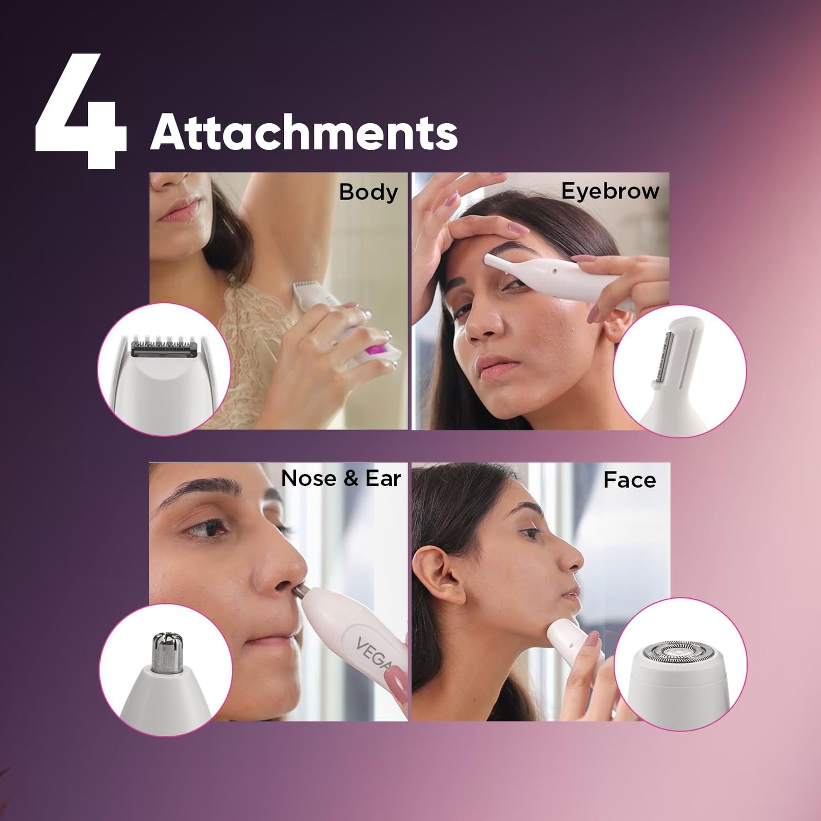 VEGA Feather Touch Rechargeable Cordless 4-in-1 Dry Trimmer for Body, Eyebrow, Nose & Face for Women (60mins Runtime, Washable Blade, White)_4