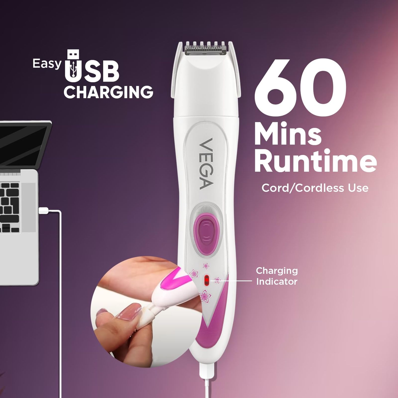 VEGA Feather Touch Rechargeable Cordless 4-in-1 Dry Trimmer for Body, Eyebrow, Nose & Face for Women (60mins Runtime, Washable Blade, White)_5