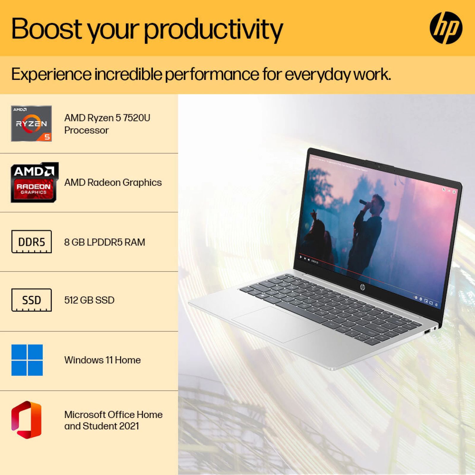 HP 14-em0026AU AMD Ryzen 5 7520U Thin & Light Laptop (8GB, 512GB SSD, Windows 11 Home, 14 inch Full HD Display, MS Office 2021, Natural Silver, 1.4 KG)_4