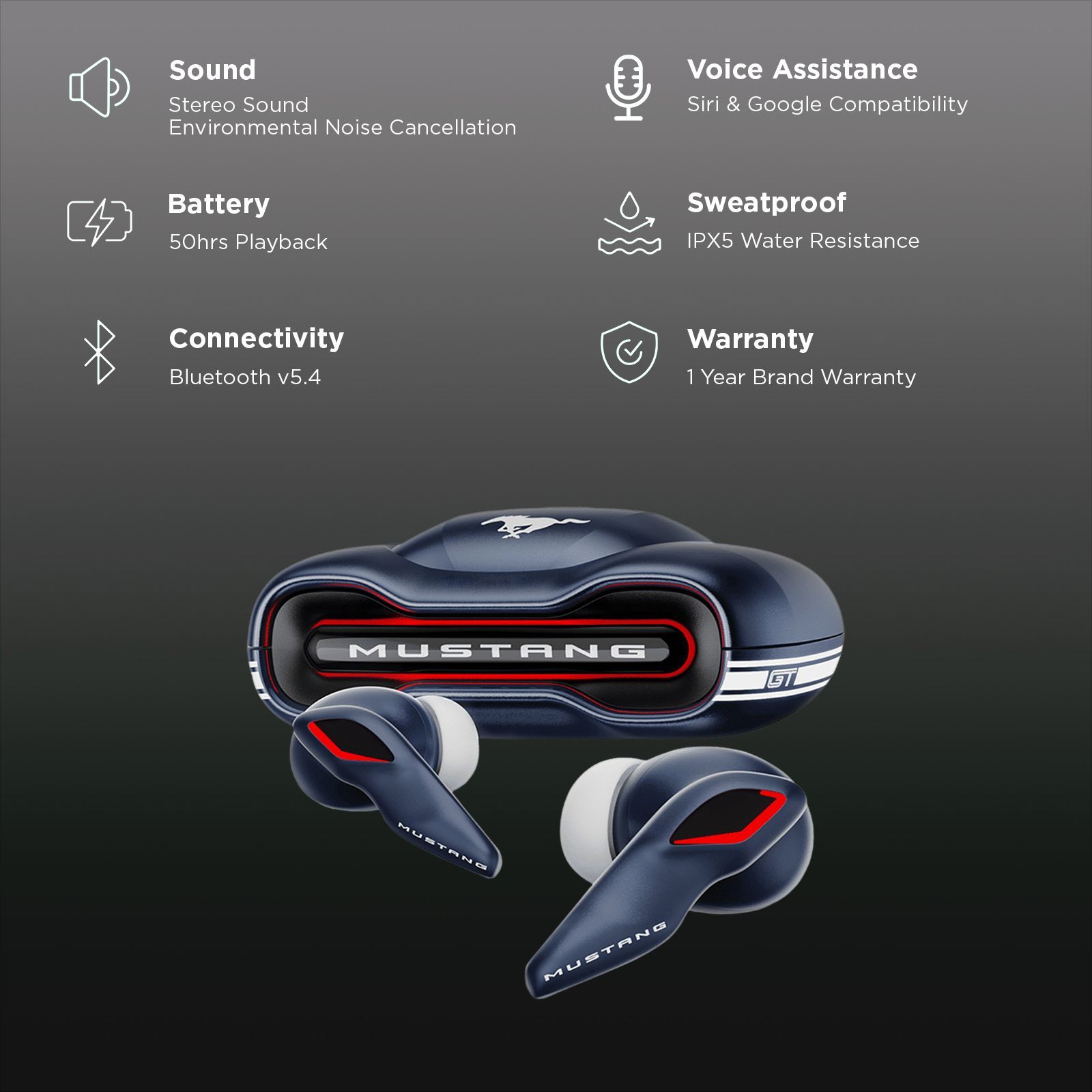 GOBOULT Mustang Torq TWS Earbuds with Environmental Noise Cancellation (IPX5 Water Resistant, Fast Charging, Blue)_2