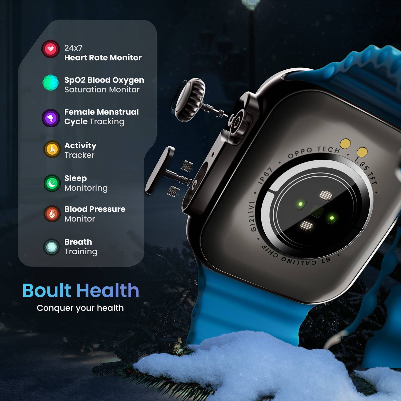 GOBOULT Crown Bluetooth Calling Android OS Smartwatch (49.5mm HD Display, Working Crown, Blue Strap)_12