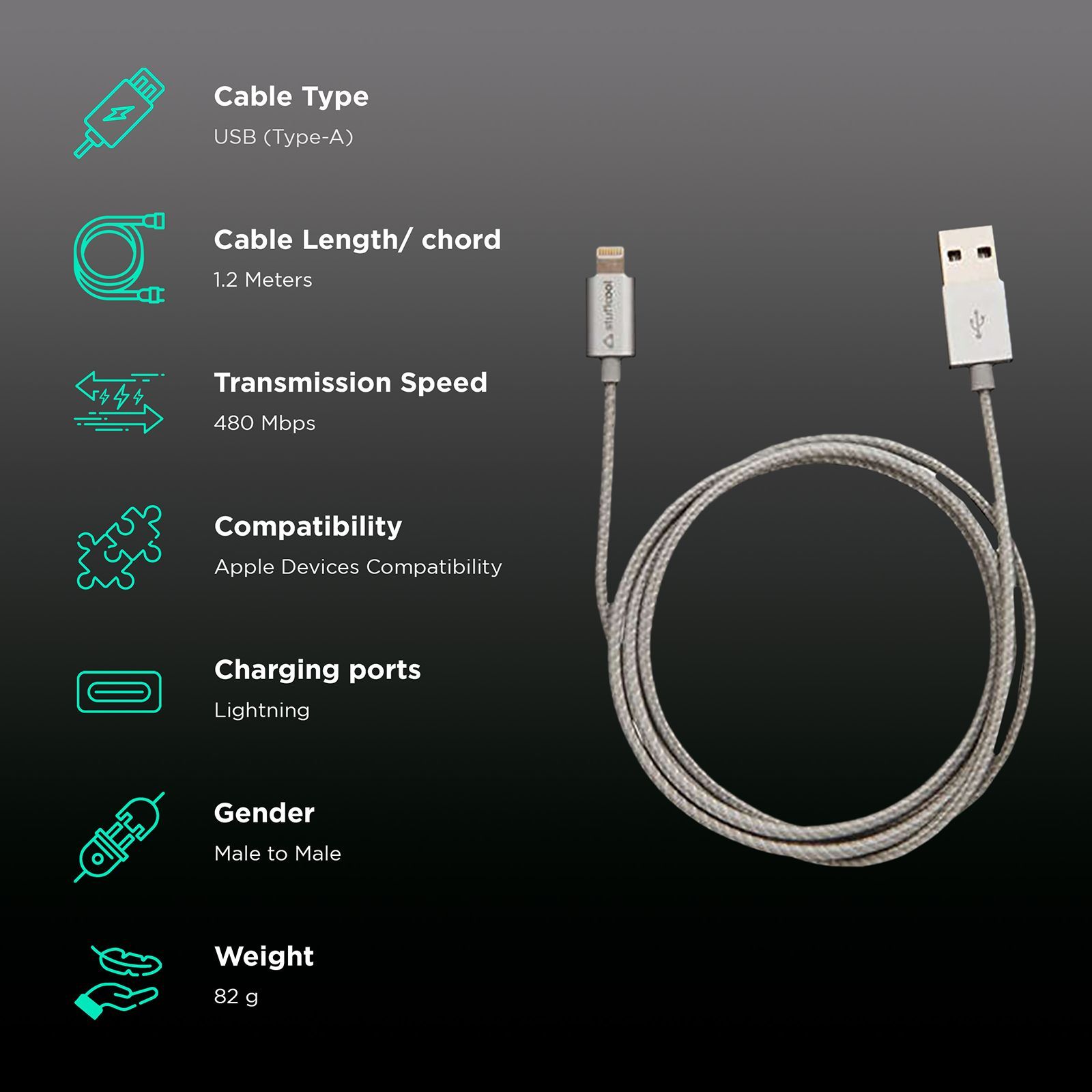 stuffcool LGFNS-SIL Type A to Lightning 3.9 Feet (1.2M) Cable (Apple Devices Compatibility, Silver)_2