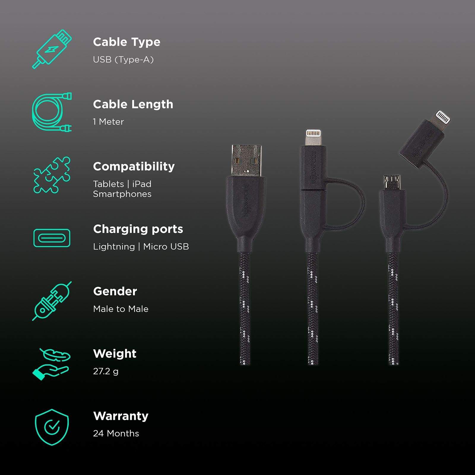 BOOMPODS BP-DOUCBL Type A to Micro USB, Lightning 3.2 Feet (1M) 2-in1 Cable (Braided Design, Black)_2