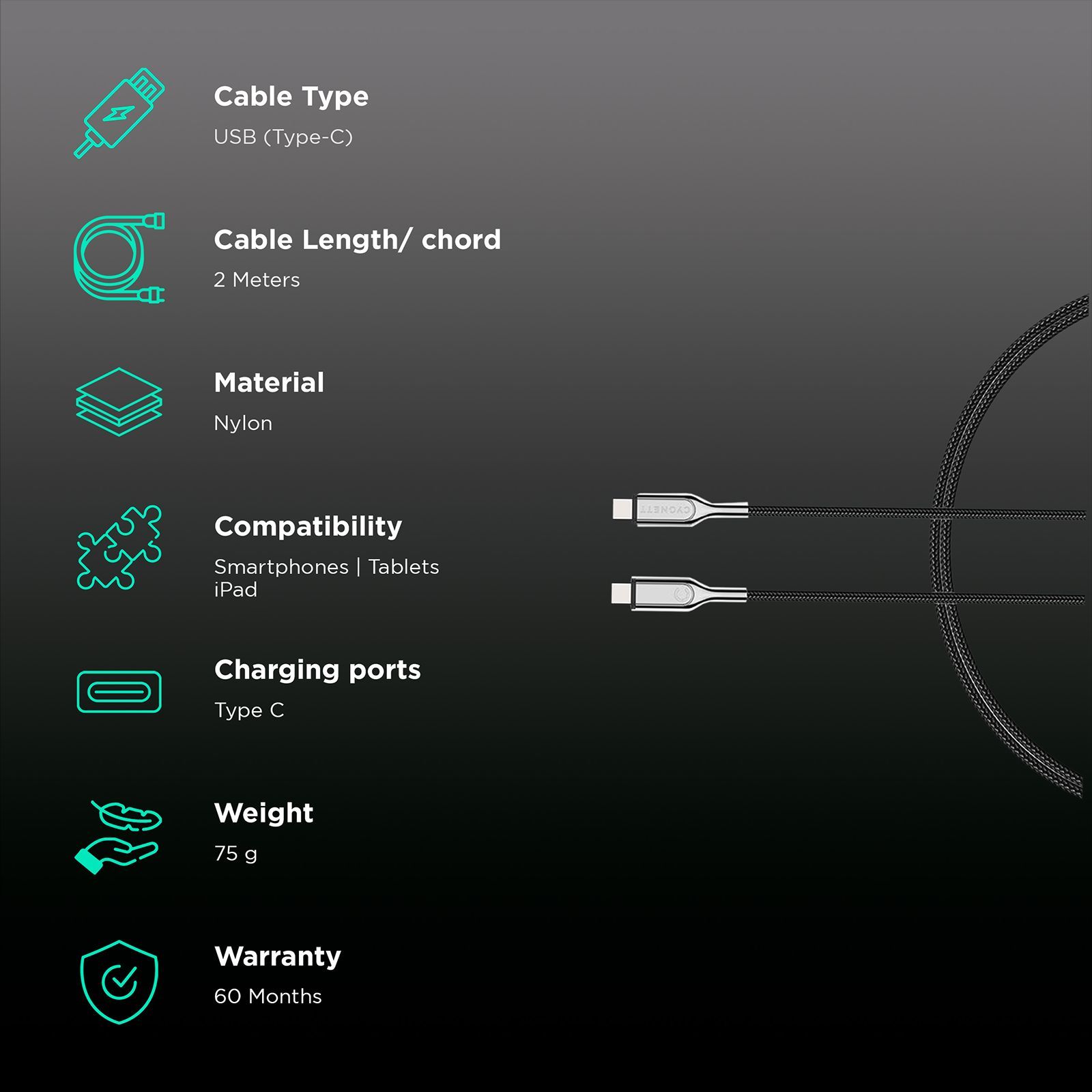 CYGNETT CY2678PCTYC Type C to Type C 6.5 Feet (2M) Cable (Ultra Durable TPE Lining, Black)_2