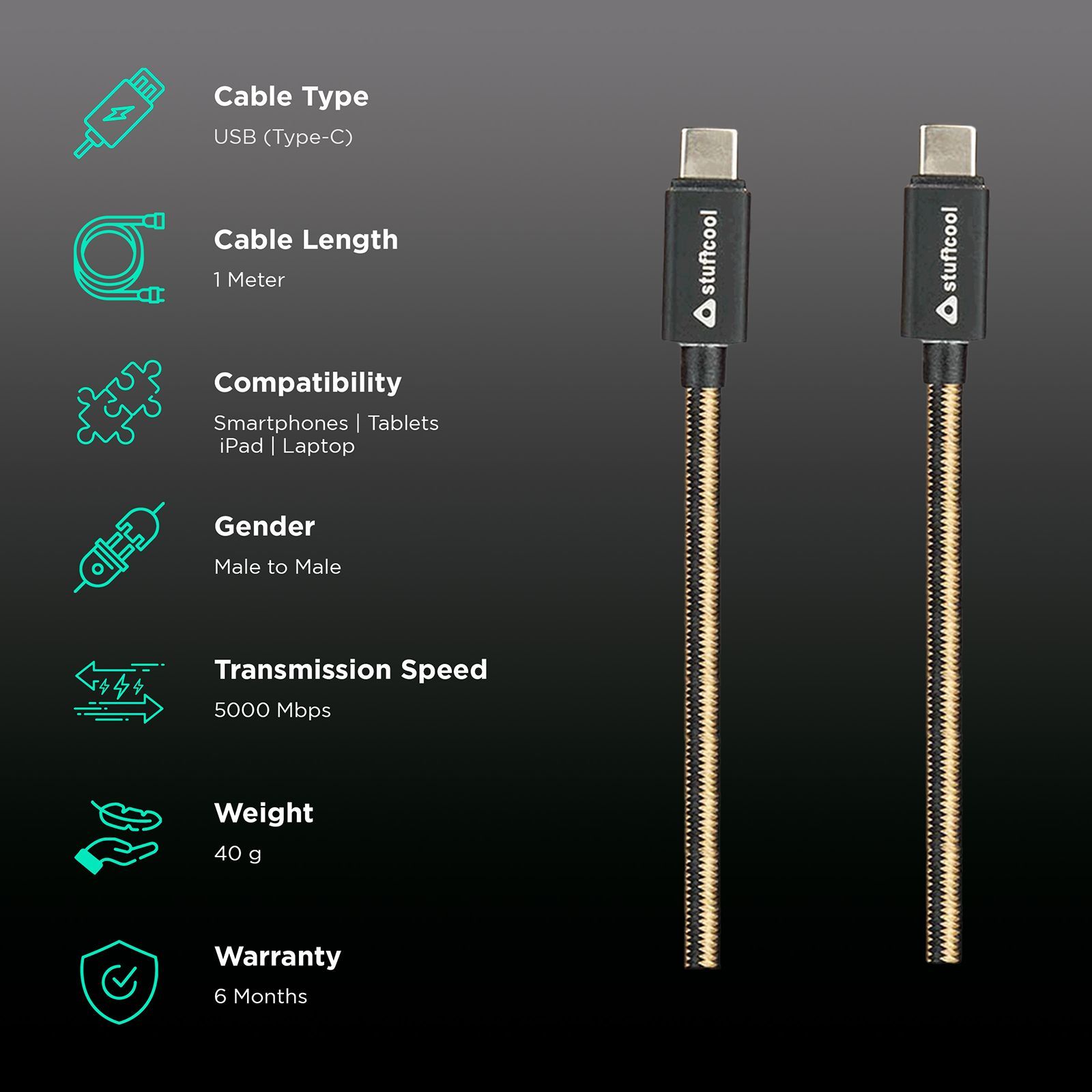 stuffcool KNIGHT-BLK Type C to Type C 3.2 Feet (1M) Cable (Colour Woven Cable, Black)_2