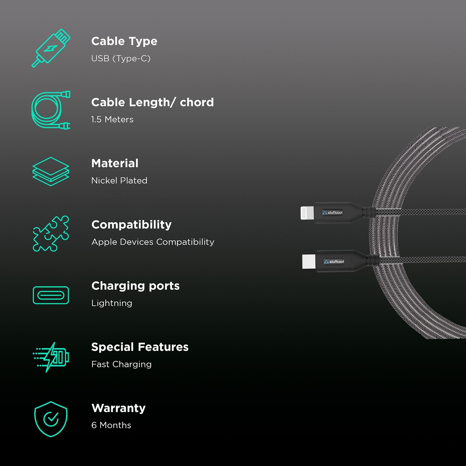 stuffcool Chief Type C to Lightning 4.9 Feet (1.5M) Cable (Compatible with iPhones, Black)_2